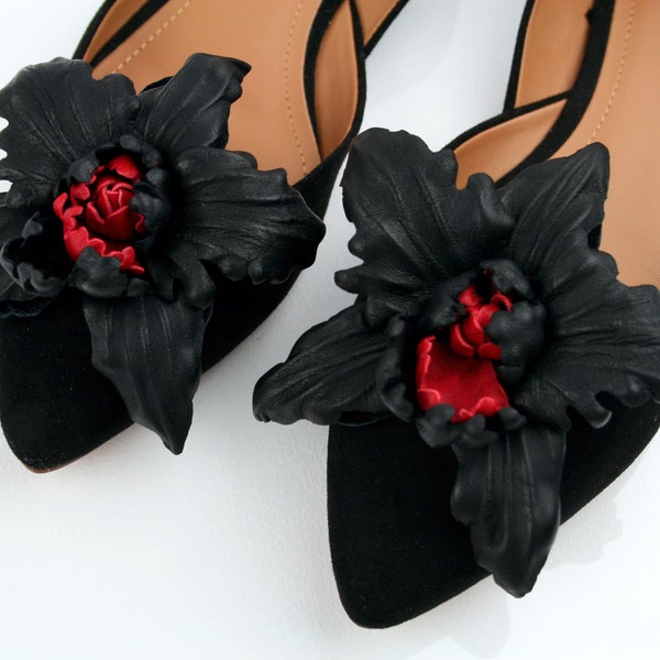 Black and Red Leather Orchid Flower Shoe Clips, Floral Shoe Accessories