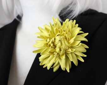 Yellow Leather Chrysanthemum Flower Brooch, Real Leather Flower, Fantasy Floral Pin