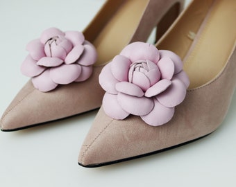 Pink Leather Camellia Flower Shoe Clips (set), Real Leather Shoes Accessories