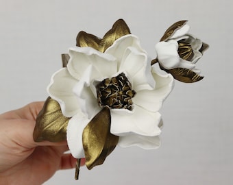 Ivory/Gold Leather Magnolia Flower Brooch, Leather Magnolia Pin/Hairclip, Ivory Flower, Leather Flower, Floral Brunch