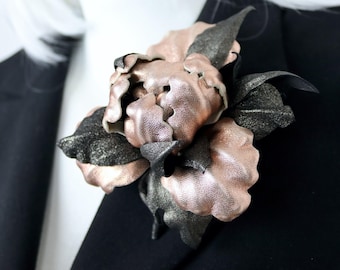 Rose Gold Leather Iris Brooch: Black Metallic Floral Pin