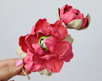 Pink/Beige Leather Magnolia Flower Brooch, Leather Magnolia Pin/Hairclip, Pink Flower, Leather Flower, Floral Brunch