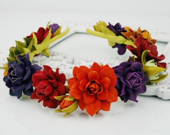 Multicolor Rose Floral Leather Headband, Floral Hair Accesories, Real leather headpiece