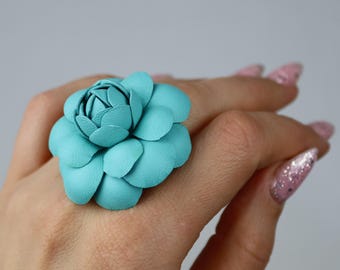 Leather Camellia Flower Ring: Blue Floral Jewelry