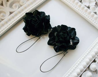 Black Patent Leather Rose Earrings, Floral Earrings, Black Roses Earrings, Black Patent Leather Flowers, Long Earrings, Flower Earrings