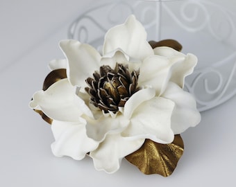 Handmade Leather Magnolia Brooch, Ivory Gold Floral Statement Accessory