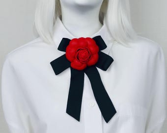Red Leather Camellia Brooch with Black Bow, Handmade Floral Pin Hair Clip accessory