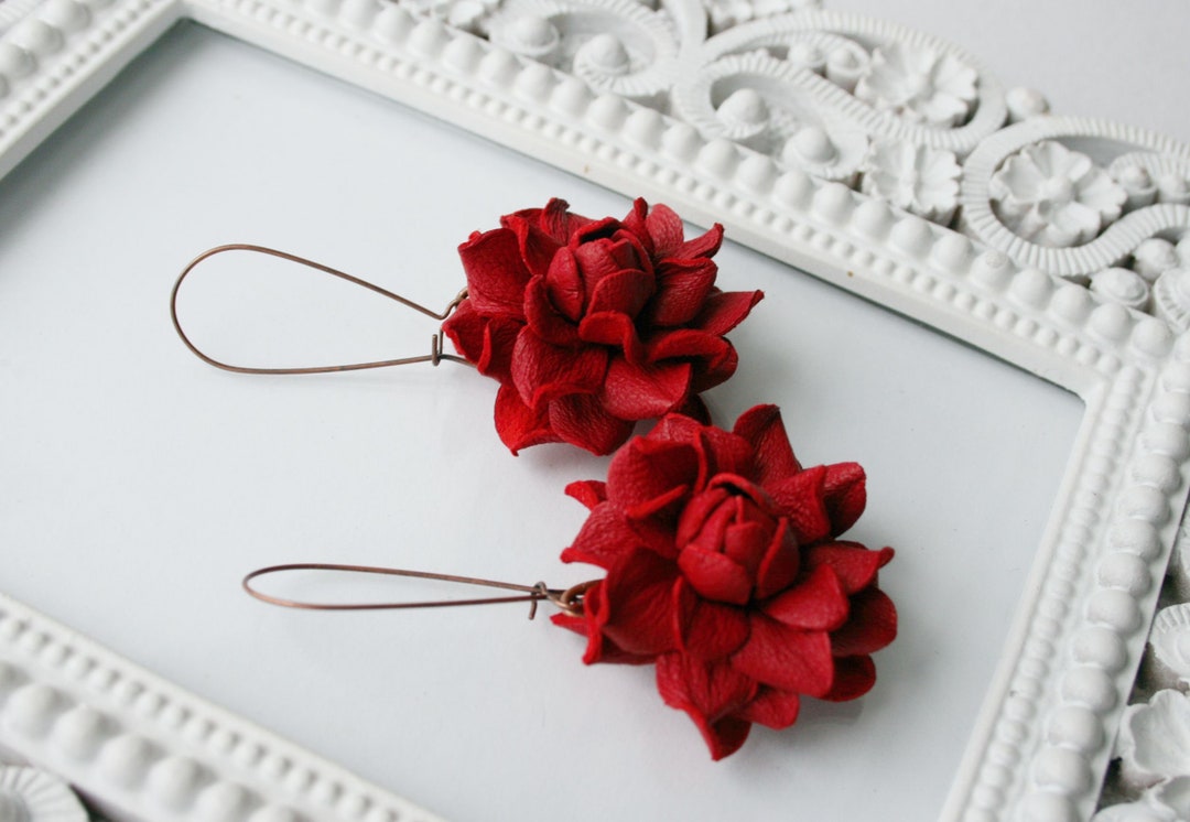 Red Rose Flower Real Leather Earrings, Floral Earrings - Etsy