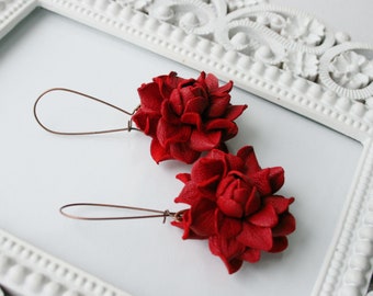 Red rose flower real leather earrings, floral earrings