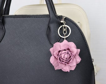 3'' (7 cm) Pink Leather Rose Keychain / Purse Charm, Leather Floral accessories