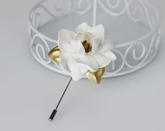 Ivory Leather Magnolia Lapel Pin, Handmade Botanical Flower Accessory