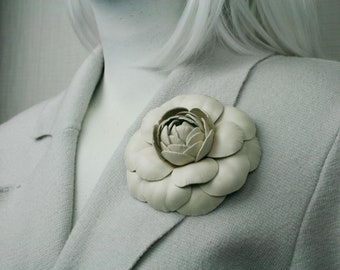 Soft cream Leather Camellia Flower Brooch Hairclip, Floral Accessories, Flower Pin, Real Leather Flower