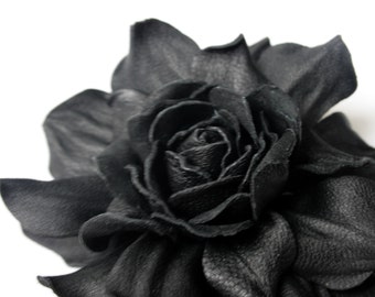 Black Leather Rose Flower Brooch