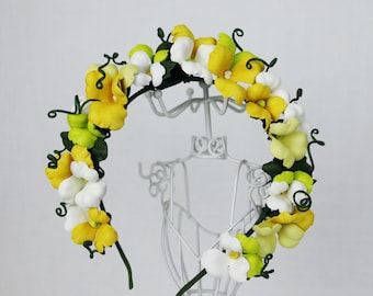 Genuine Leather Pansy Flower Headband, Yellow Ivory Green Floral Hair Accessory