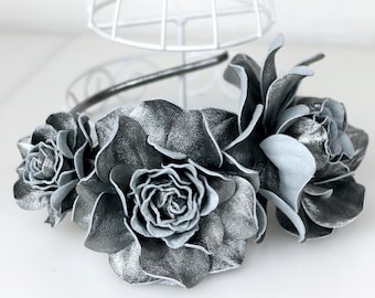 Silver Leather Roses Headband: Genuine Leather Fascinator