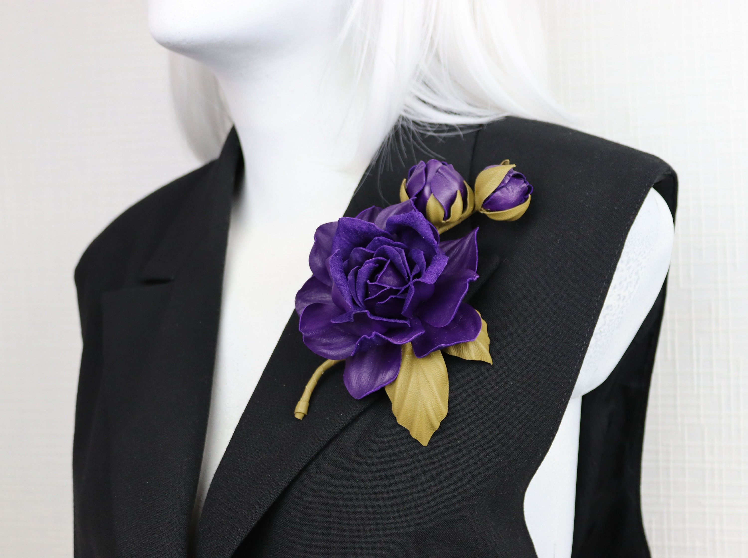 Purple Leather Rose Brooch: Floral Pin/Hairclip