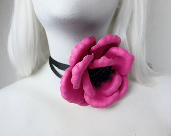 Pink Leather Camellia (4"/ 9 cm) Floral choker, Real Leather Accessories