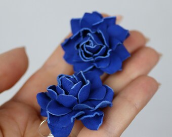 Blue Leather Rose Earrings: Handmade Floral Jewelry