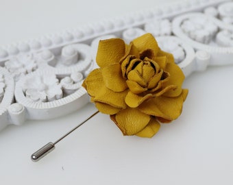 Yellow Leather Rose Flower Men's Lapel Pin. Rose Flower Brooch. Flower Lapel Pin. Boutonniere Lapel Pin. Wedding Boutonniere.