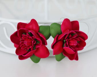 1.5'' Pink Leather Magnolia Flower Earrings, Floral earring