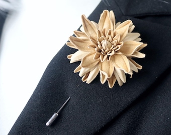 Beige Leather Chrysanthemum Lapel Pin, Handmade Flower Boutonniere, Unisex Jacket Accessory