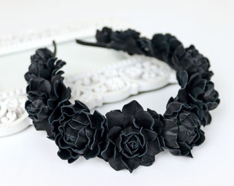 Black leather rose headband, floral headpiece, party headdress