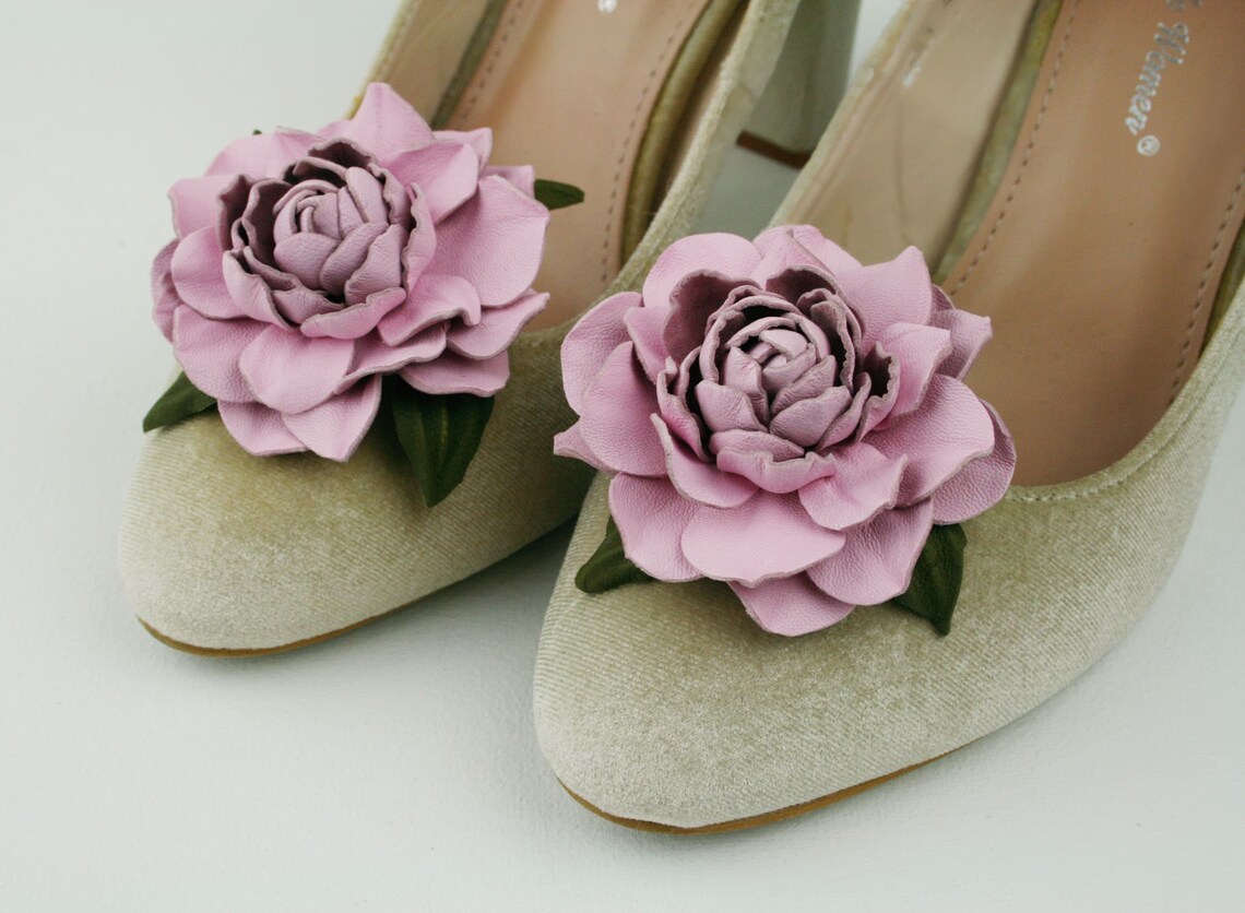 Pink Leather Rose Flower Shoe Clips set Genuine Leather Etsy