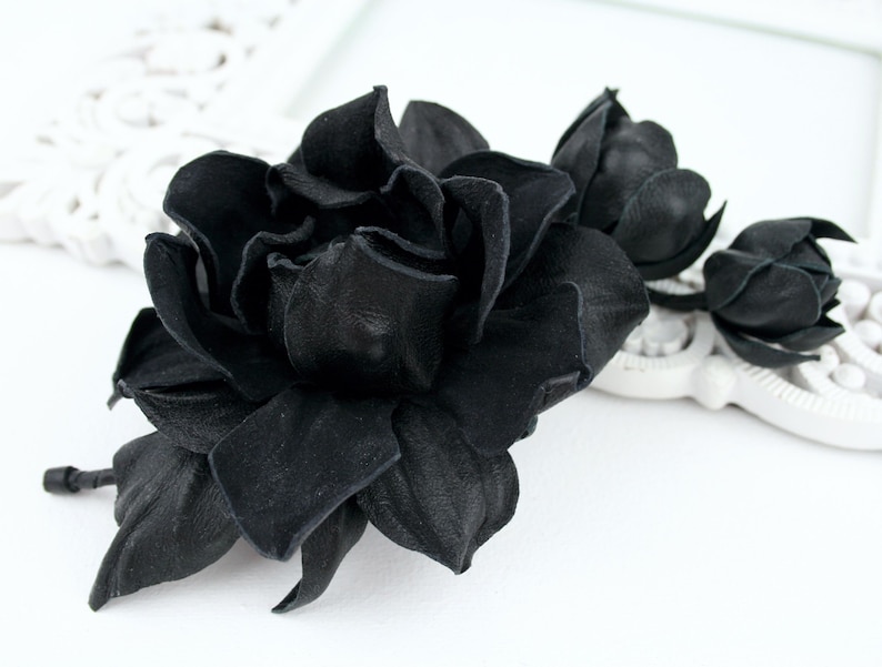 Black Leather Rose Flower Brooch, Leather Rose Pin/Hairclip, Black Flower, Leather Flower, Floral Brunch image 5