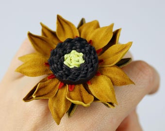 Yellow Leather Sunflower Ring - Adjustable Band