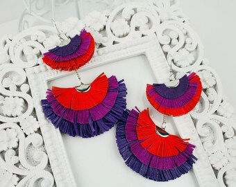 Multicolor (Orange-Purple-Violet) leather pompom earrings, Stylish Summer Jewelry