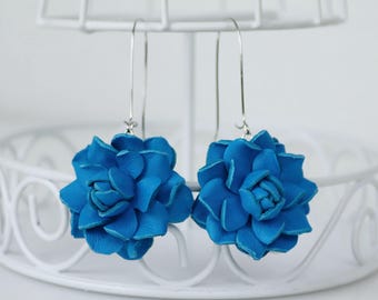 1.5'' Blue Leather Rose Flower Earrings, Floral earrings