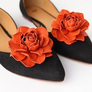 Orange Leather Rose Flower Shoe Clips (set), Genuine Leather Shoe Accessories, Fantasy Floral clips