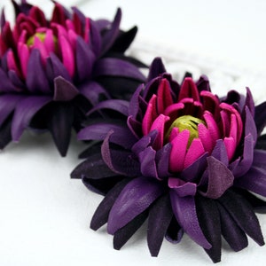 Purple-Magenta-Green Leather Chrysanthemum Flower Shoe Clips (set), Real Leather Shoe Accessories