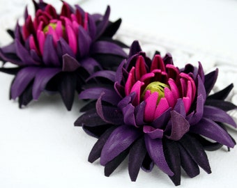 Purple-Magenta-Green Leather Chrysanthemum Flower Shoe Clips (set), Real Leather Shoe Accessories