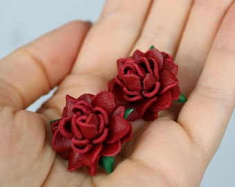 Red Leather Rose Stud Earrings: Floral Genuine Leather Studs