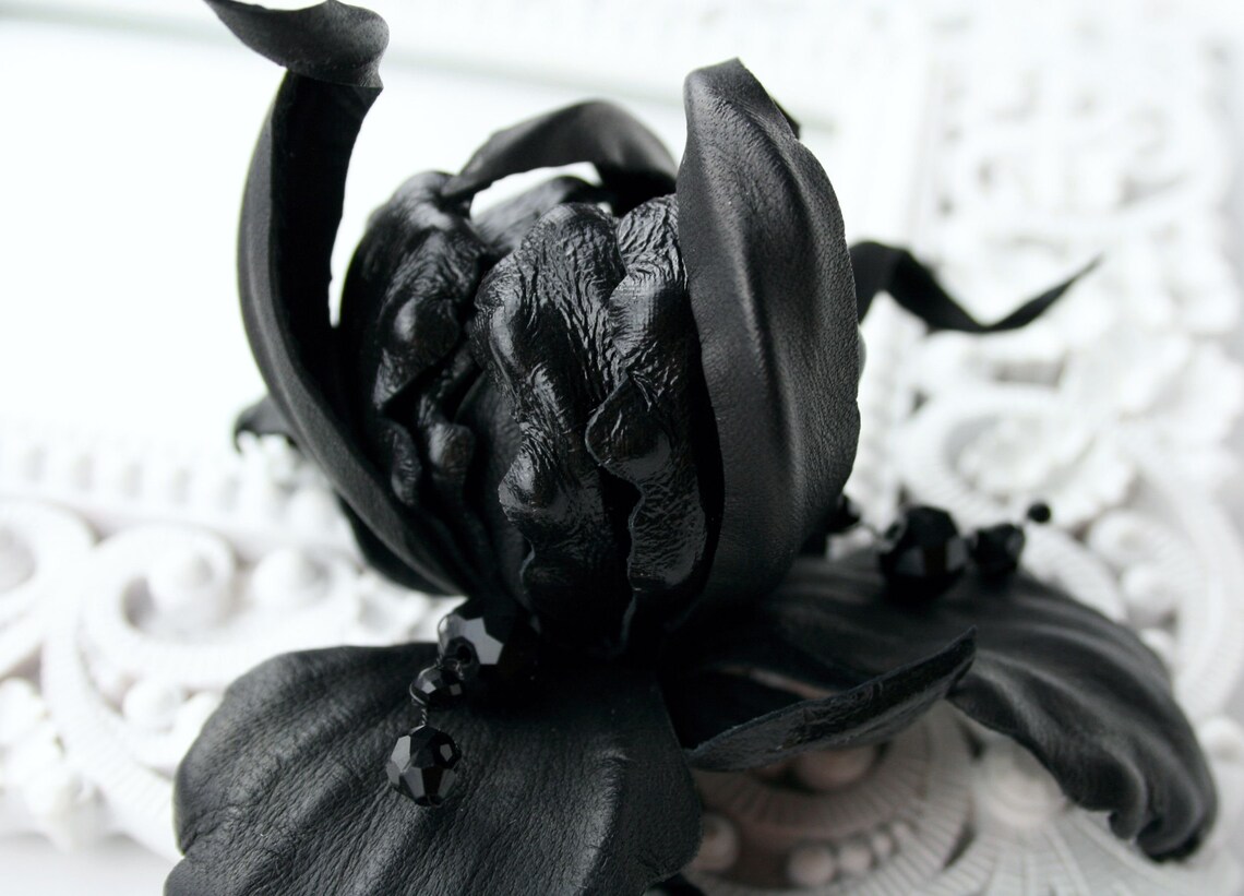 Black Leather Iris Flower Brooch/hairclip Real Leather Pin - Etsy