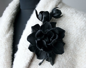 Black Leather Rose Flower Brooch, Leather Rose Pin/Hairclip, Black Flower, Leather Flower, Floral Brunch