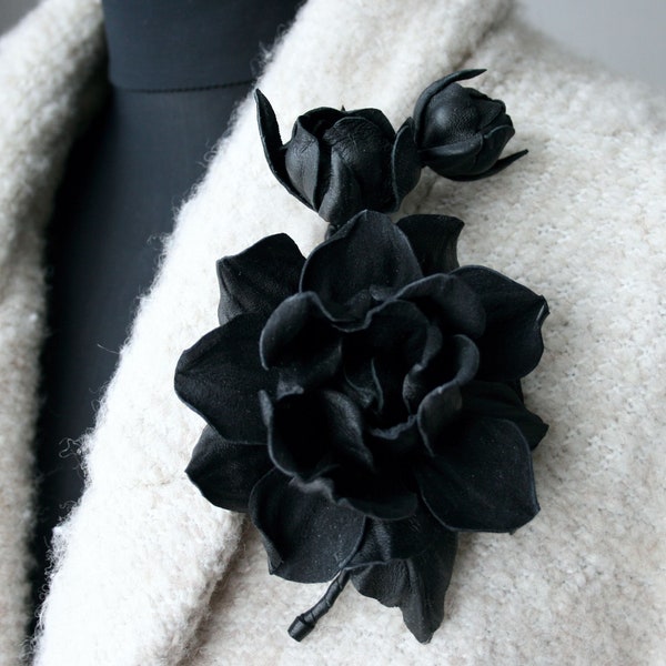 Black Leather Rose Flower Brooch, Leather Rose Pin/Hairclip, Black Flower, Leather Flower, Floral Brunch