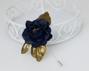 Dark Blue Leather Rose Lapel Pin: Men's Flower Brooch