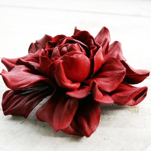 Red Leather Rose Flower Brooch