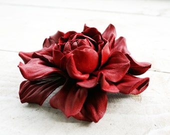 Red Leather Rose Flower Brooch