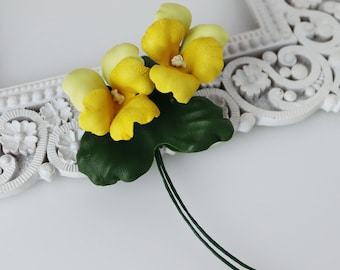 Handmade Yellow Pansy Brooch, Genuine Leather Floral Pin, Botanical Spring Accessory