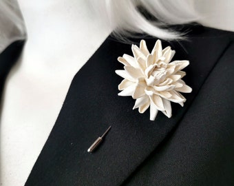 Ivory Leather Dahlia Men's Lapel Pin.  Flower Brooch. Floral Lapel Pin. Boutonniere Lapel Pin. Wedding Boutonniere.