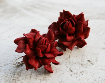 Red rose leather earrings