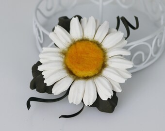 Leather Daisy Brooch: Handmade White Flower Pin with Wool Center