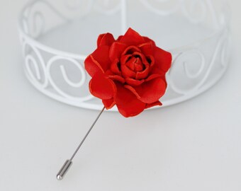 Orange Leather Rose Lapel Pin: Men's Flower Brooch