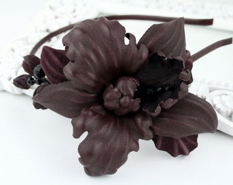 Burgundy Red Leather Orchids Flower Headband, Floral Headpiece