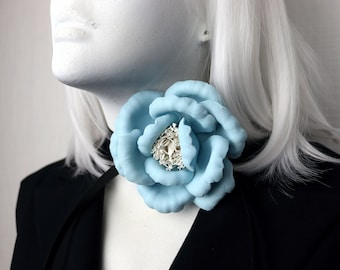 Blue Leather Camellia (4"/ 9 cm) Floral choker, Real Leather Accessories