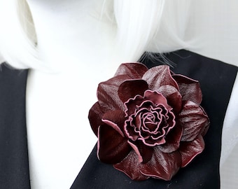 Dark Red Leather Rose Brooch: Floral Pin, Hair Clip