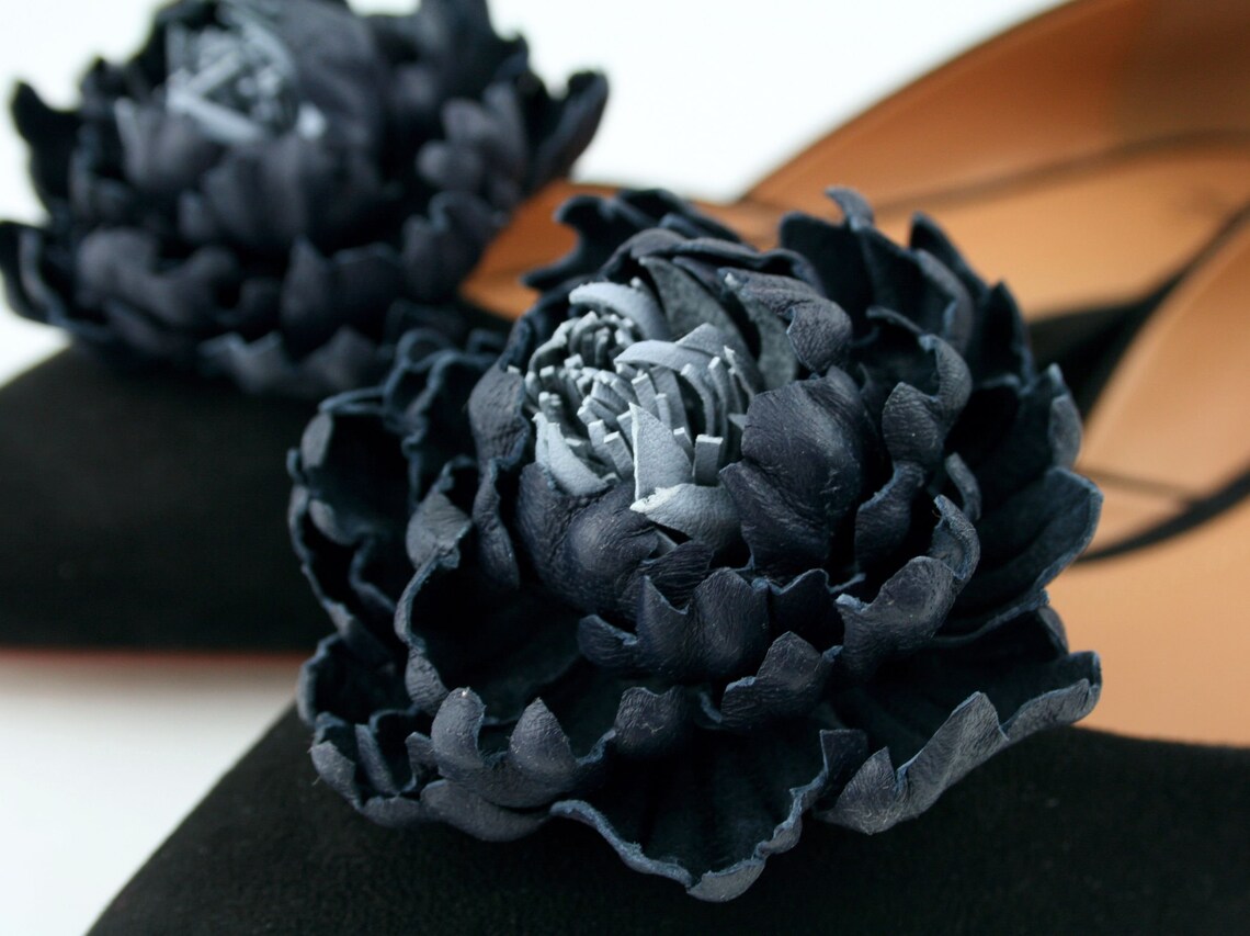 Dark Blue Leather Peony Flower Shoe Clips Blue Real Leather Etsy